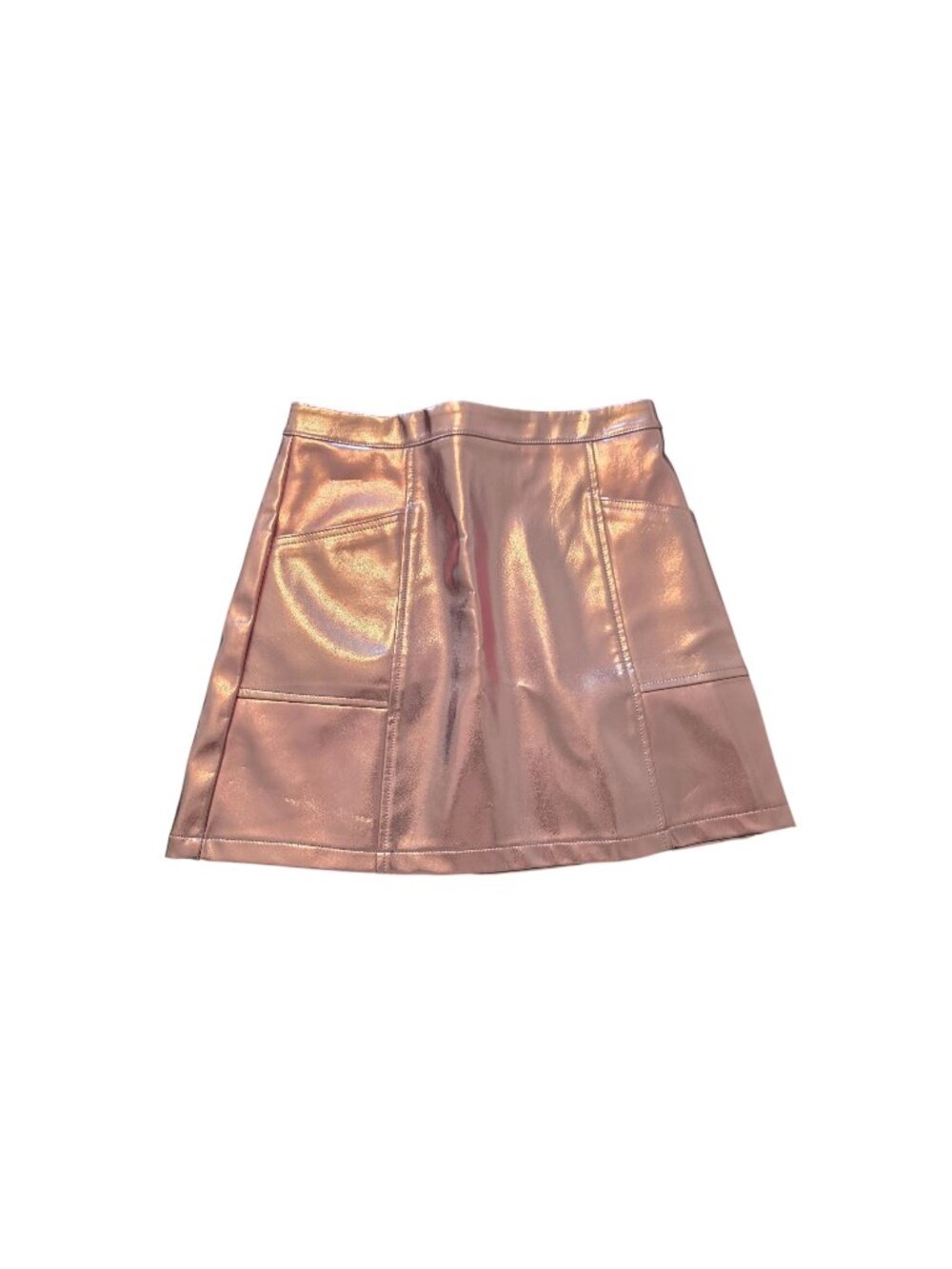 Shiny Pink Faux Leather Mini Skirt With Front Pockets & Back Zipper Closure